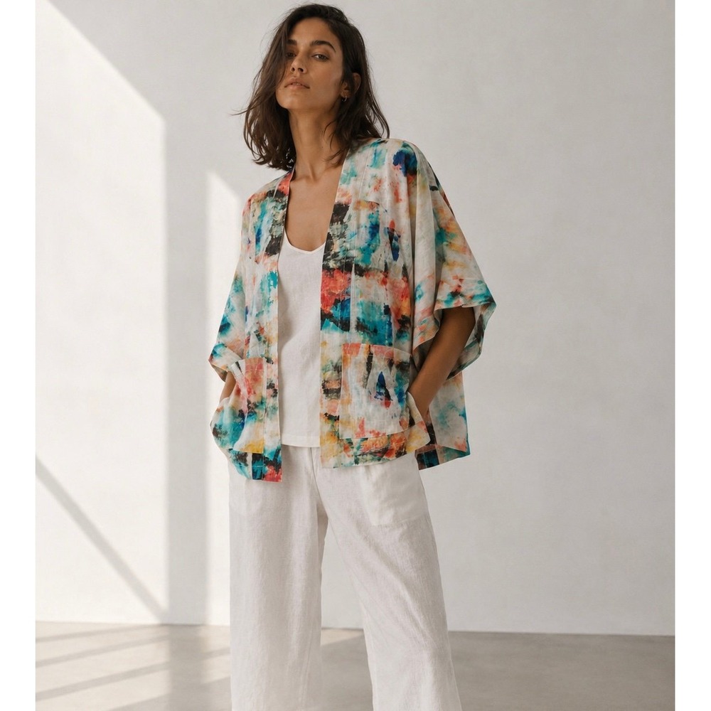 Alembika Abstract Print 100% Linen Kimono Jacket Size M Open Front Artsy